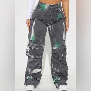 Fashion Nova Gray Cargo Wide Leg Jeans with White & Green Paint Splotches